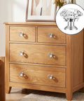 Wooden dresser with Crystal Drawer Knobs 20 Pack Diamond Shape Glass Cabinet Knobs for Dresser, zoomed on knob details.
