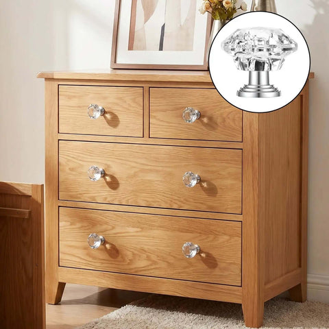 Wooden dresser with Crystal Drawer Knobs 20 Pack Diamond Shape Glass Cabinet Knobs for Dresser, zoomed on knob details.