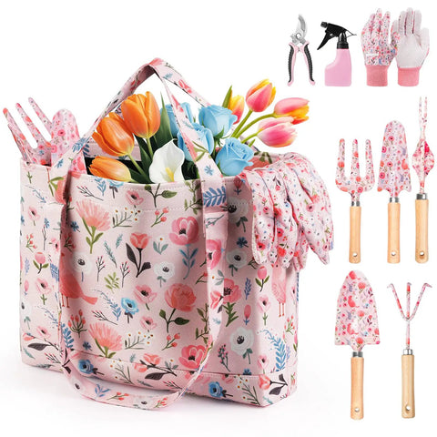 10 Piece Womens Garden Tool Gift Set With Floral Organizer Bag Rust Proof Heavy Duty Tools In Pink Cute Yet Tough For Garden Gals