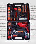 Powerhouse 650W Impact Drill With Keyless Chuck And 115 Piece Handyman Kit For Woodworking Concrete Drilling And Metal Jobs in organized tool case.