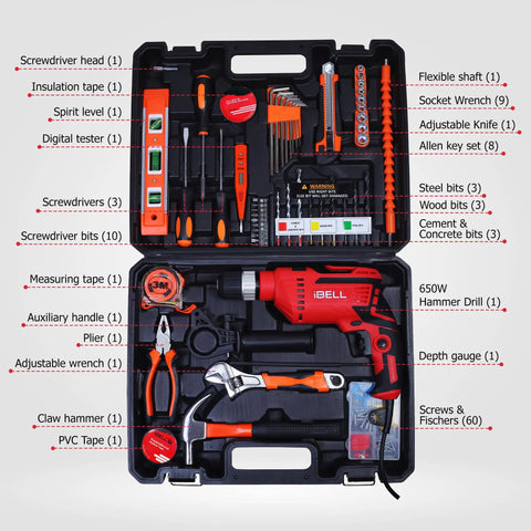 Powerhouse 650W Impact Drill With Keyless Chuck And 115 Piece Handyman Kit For Woodworking Concrete Drilling And Metal Jobs in organized tool case.