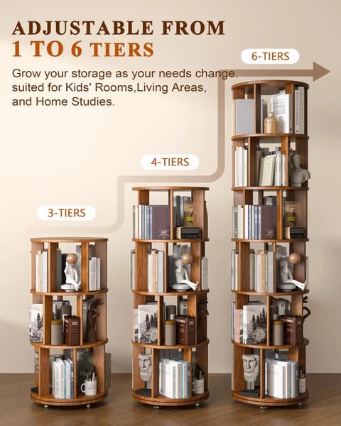 Six Tier Solid Wood Rotating Bookshelf On Wheels With Smooth Three Sixty Spin And Locking Wheels Makes This Round Walnut Bookcase A Real Game Changer For Tiny Bedrooms Or Offices While Providing Super Sturdy Storage And Zero Hustle Access