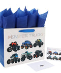 Monster Truck Gift Bags Set With Greeting Card And Tissue Paper For Boys Birthday Parties Baby Showers And Kids Events 13 Inch By 5 Inch By 10 Inch 1 Pack, featuring colorful trucks with blue tissue paper and greeting card.