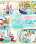 Blue Mesh Beach Bag With Zipper, Large Sandproof Waterproof Tote shown in beach, pool, picnic, toys, and shopping settings