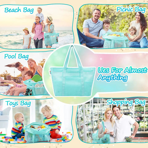 Blue Mesh Beach Bag With Zipper, Large Sandproof Waterproof Tote shown in beach, pool, picnic, toys, and shopping settings