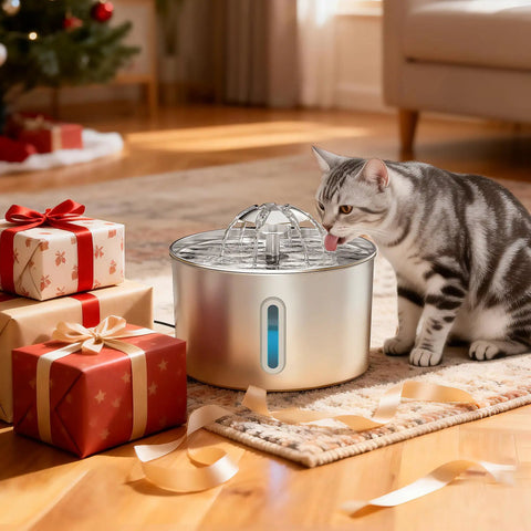 Stainless Steel Cat Water Fountain 74oz Automatic Pet Water Dispenser with cat drinking beside gifts