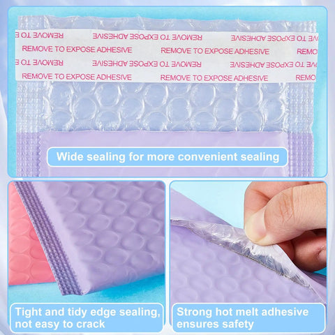 Close-up of 200-count 4x6 inch bubble mailers waterproof padded envelopes self adhesive poly bubble packaging in pastel color options