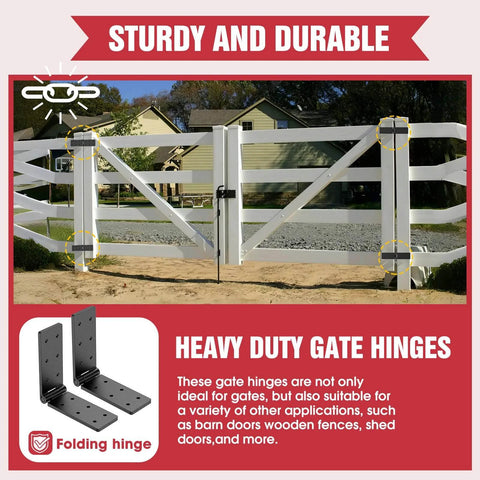 Wooden fence with white double gates using Heavy Duty Gate Hinges 270 Degree Adjustable Fold Flat For Wooden Fence Barn Door Shed Exterior Gates Pair Black.