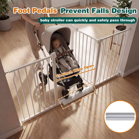 Walk Through Baby Gate With Door, Adjustable 29.5 To 52.5 Inch Wide, Pressure Mounted No Drill Metal Auto-Close Gate For Stairways And Doorways, Indoor Outdoor Safe Gate For Toddlers And Pets, White, with stroller passing through opening.