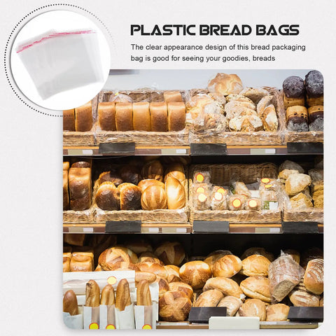 100 Count Clear Self Sealing Cookie Bags With Individual Packaging shown near bakery breads display