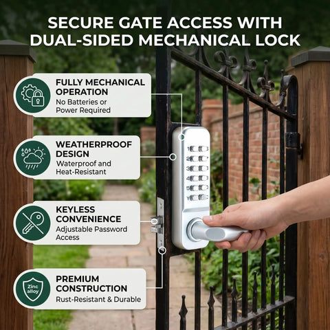 Battery Free Mechanical Combination Code Lock With Double Sided Keypad For Outdoor Gates And Exterior Doors Weatherproof Security Lock For Fences And Rentals installed on gate with hand turning handle
