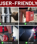 Cordless 20V Max Electric Grease Gun Kit in use with lockable nozzle, injection case, shoulder strap, LED light