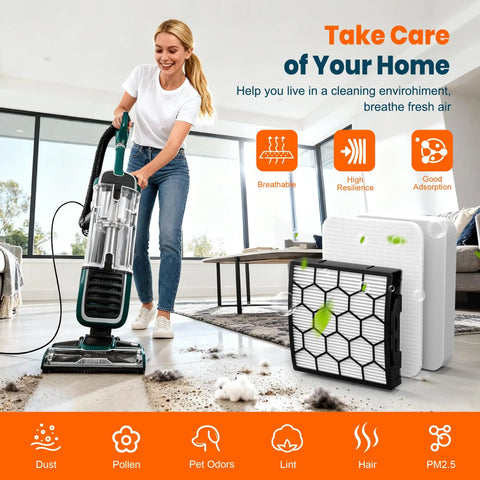 Woman vacuuming living room with Premium Vacuum Filter Replacement For NV250 And Compatible With ZU102 ZU100 ZU60 ZU62 ZU51 Upright Vacuums