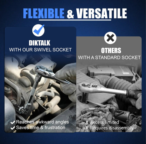 Comparison of swivel socket and standard socket used in tight spaces for automotive repair, showcasing flexibility and ease of use.
