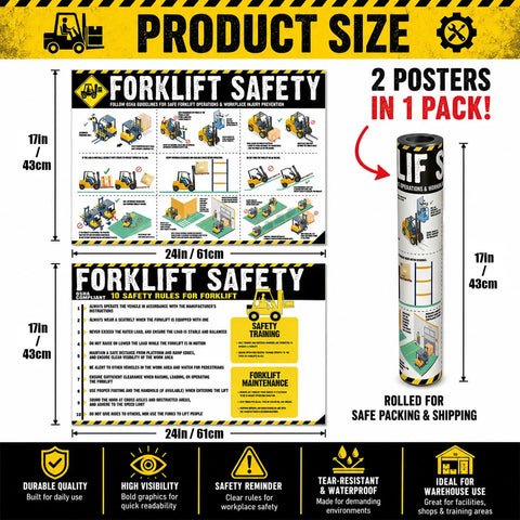 Two Laminated Forklift Safety Posters Set 17 By 24 Inches OSHA Compliant Wall Signs With Easy Operation Rules And Visual Guides For Warehouse And Distribution Center And Industrial Use. Product image showing two 17x24 in forklift safety posters rolled for shipping.