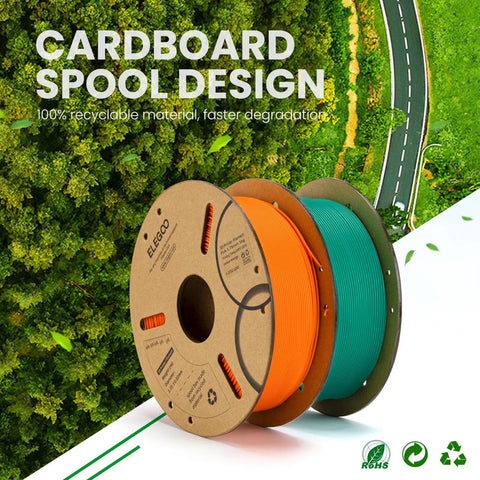 ELEGOO PLA filament spools on cardboard spool with orange and teal filament colors.