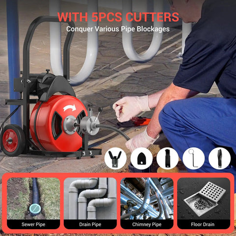 100 Ft Electric Drain Cleaner Machine With 3/4 Inch Steel Core Cable Auto Feed Mechanism for clearing sewer, drain, chimney, and floor pipes.
