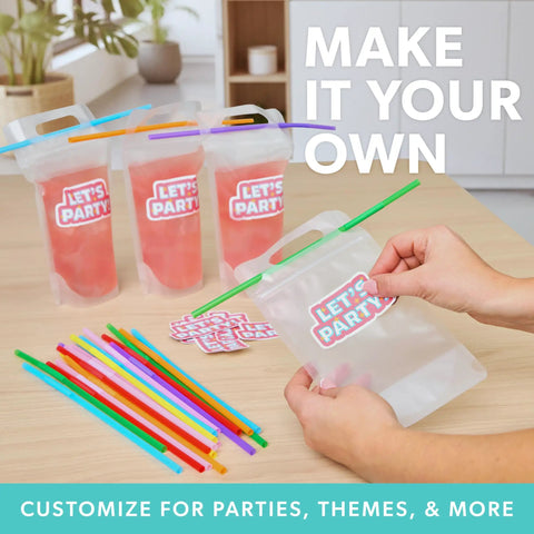 Clear Drink Pouches For Adults 16.9 Oz Freezable Reusable Bags With Straws Leakproof Party Ready on table