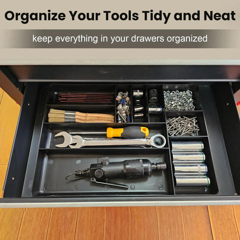 10 Compartment Tool Organizer Tray for Drawer and Tool Box, Stackable Small Parts Holder shown with tools and accessories inside