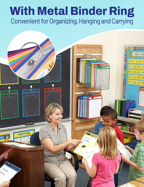 Teacher using 30 Pack Oversized Reusable Dry Erase Pocket Sleeves with 2 Rings, 10 assorted colors in classroom setting