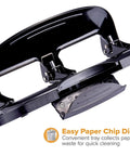 Bostitch HP20 hole punch, 20-sheet, black metal with silver accents, angled side view