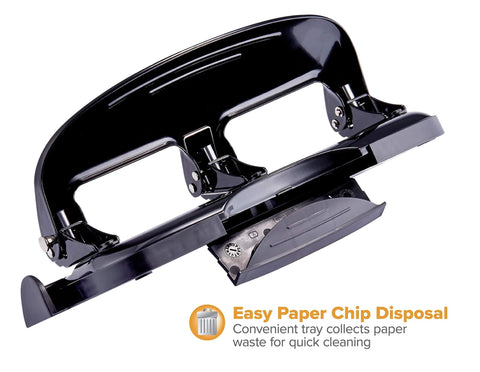 Bostitch HP20 hole punch, 20-sheet, black metal with silver accents, angled side view