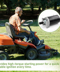 Man on lawn tractor with inset of Beefed Up Replacement Starter For 20-27HP Engines In 7000 Series KT715 KT745 Courage Twin SV710 SV840
