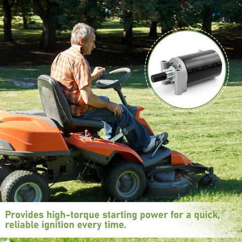 Man on lawn tractor with inset of Beefed Up Replacement Starter For 20-27HP Engines In 7000 Series KT715 KT745 Courage Twin SV710 SV840
