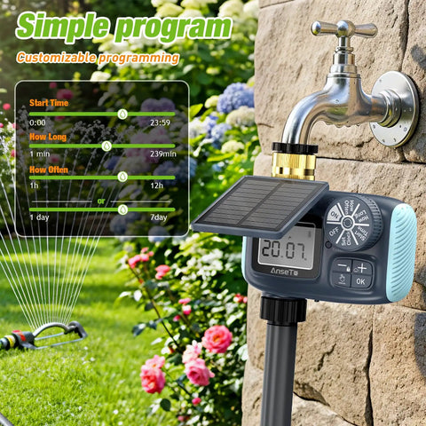 Solar Powered Sprinkler Timer With 1000mAh Type-C Rechargeable Battery mounted on garden faucet showing digital display