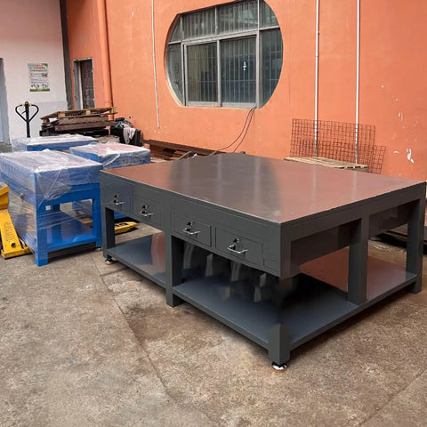 Top Notch Polished Mold Maintenance Bench with 8mm Thickened Steel Plate and Rock Solid Frame Built Tough for Serious Shop Projects Measuring 2500 by 1500 Millimeters in gray with drawers.