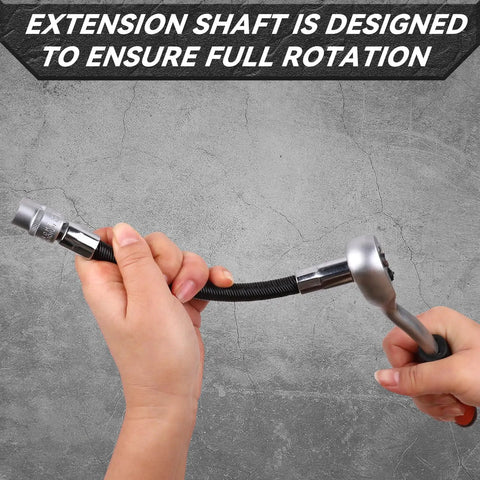 Four Piece Flexible Socket Extension Bar Set With One Half Quarter And Three Eighth Inch Shafts Built From Heavy Duty Chrome Vanadium Steel in use.
