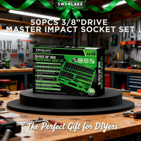 Impact Socket Set For Auto Work, 50 Piece Six Point Drive Three Eighths Inch box on table in workshop setting