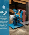 Powerful 750W Brushless Electric Belt Sander, Versatile Bench Sanding Machine with 10mm thick steel body sits on a workbench.