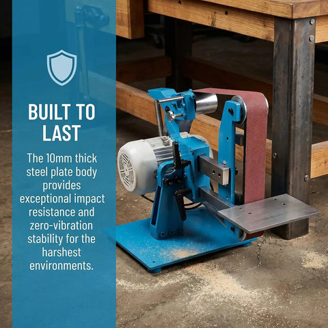 Powerful 750W Brushless Electric Belt Sander, Versatile Bench Sanding Machine with 10mm thick steel body sits on a workbench.