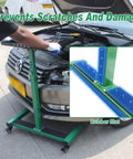 Pro Grade Adjustable Height Rolling Work Table On Wheels With Heavy Duty Steel, supporting car hood, foldable design.