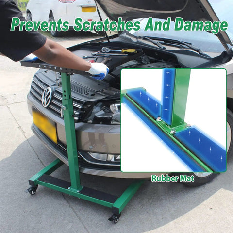 Pro Grade Adjustable Height Rolling Work Table On Wheels With Heavy Duty Steel, supporting car hood, foldable design.