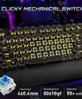 Slick Retro Typewriter Keyboard 108 Keys With Clicky Blue Switches And Yellow Backlight, showing mechanical switches and keys.