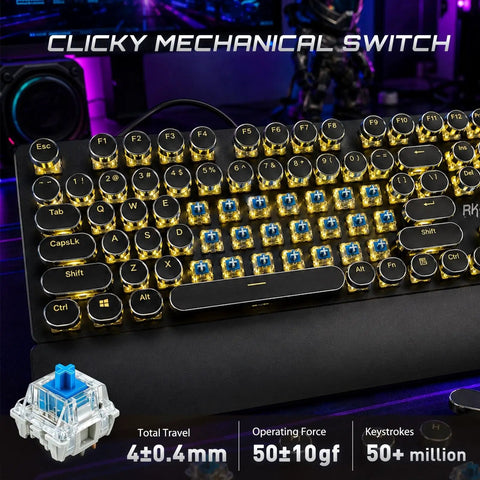 Slick Retro Typewriter Keyboard 108 Keys With Clicky Blue Switches And Yellow Backlight, showing mechanical switches and keys.