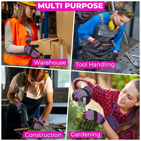 Collage of women using breathable women gardening gloves for work and yard maintenance with touch screen compatibility in various tasks.