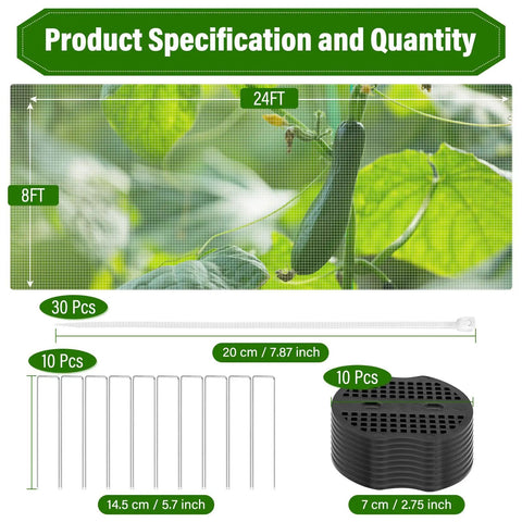Ultra Fine Garden Netting 8x24 Ft Row Cover For Plants Keeps Birds Mosquitoes And Pests Out Protects Vegetables Fruits Flowers Crops Lightweight White Mesh Screen For Easy Garden Defense shown with specifications and components including stakes and fasteners.