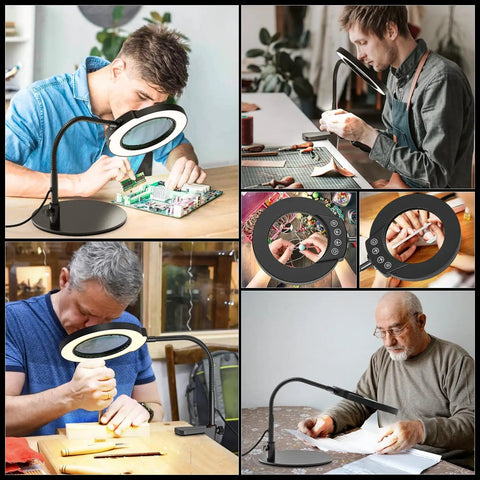 Desk Magnifying Glass With Light And Stand 10X 15X Zoom 4.2 Inch HD Lens in use for crafting, reading, and precision tasks