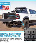 Rock Solid Molle Panel RotoPax Mount For Your Overland Trail Rig Durable Quick Lock Design For Water And Fuel Cans Low Profile Offroad Exterior Gear Rack Solution on a white truck bed.