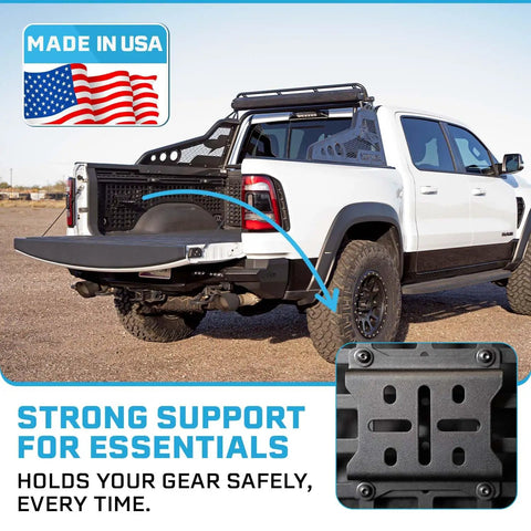 Rock Solid Molle Panel RotoPax Mount For Your Overland Trail Rig Durable Quick Lock Design For Water And Fuel Cans Low Profile Offroad Exterior Gear Rack Solution on a white truck bed.