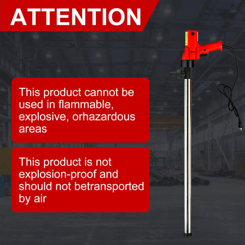 Heavy Duty 2480W Electric Drum Pump with red handle, 36 inch stainless steel tube, caution signs for safety in use.