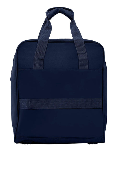 Under Seat Personal Item Bag That Fits 16 x 14 x 7 Inches Navy shown flat with handles visible