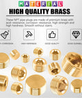 Brass Pipe Plug Fitting Set, 30 Pieces, NPT Male Plugs in various sizes displayed with quality features like anti-corrosion.