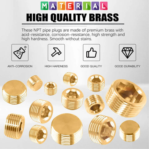 Brass Pipe Plug Fitting Set, 30 Pieces, NPT Male Plugs in various sizes displayed with quality features like anti-corrosion.