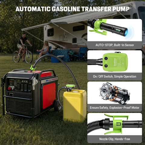 Rechargeable Fuel Transfer Pump With 6000mAh Battery, 3.2 GPM High Speed Grab And Go Portable Gas Pump Auto Stop in use with generator