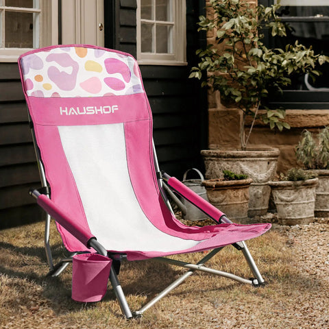 Low Seat Beach Chair With Mesh Back And Cup Holder Lightweight Foldable Camping Chair For Beach And Picnic Ergonomic High Back