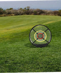 Golf Chipping Net With Advanced Ball Capture System on a golf course, foldable design for training outdoors, ideal for all seasons.